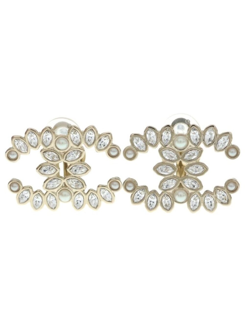 Chanel Rhinestone Faux Pearl Earrings Gold